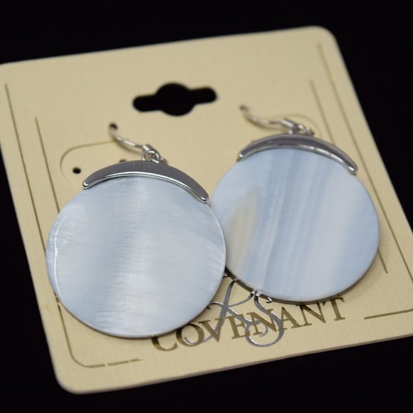 RS Covenant Mother of Pearl Earrings Black MOP Round Mosaic Dangle Drop New - Picture 7 of 8